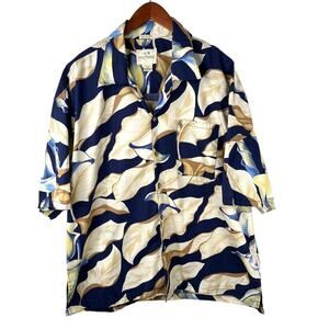 Vtg 70s Sunset Breeze Tropical Lily Button Front Hawaiian Mens XXL Blue Tan